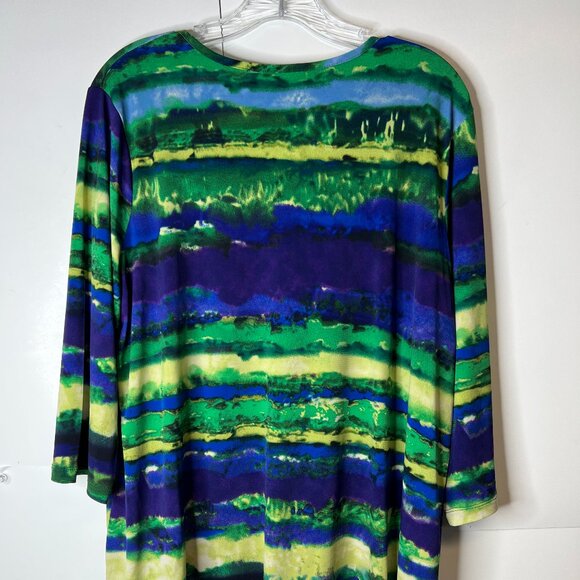Susan Graver Size 1X Liquid Knit Tie-Dye Stripe V-Neck Top Blue Green 3/4 Sleeve - Picture 5 of 6